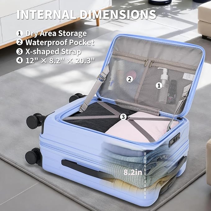 20 Inch Top Opening Carry On Luggage 22x14x9 Airline Approved Expandable With Spinner Wheels & Cup Holder,PC Hard Shell Lightweight Small Shitcase With Tsa Approved For Travel Women Men,Blue