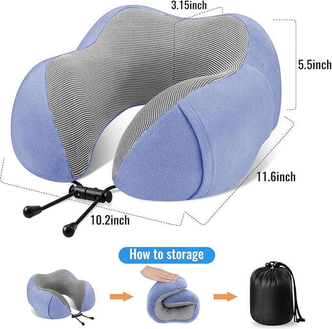 CloudBliss Travel Pillow Premium Memory Foam, Comfortable & Supportive Neck Pillow, Neck Pillows for Sleeping Travel, Airplane Pillow for Sleeping Airplane, Car, Office and Home（Black & Blue）