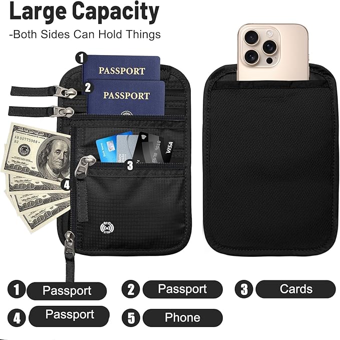 Sizobi Neck Wallet for Traveling Women Men, RFID Blocking Nylon Passport Holder Travel Pouch, Family Travel Document Organizer Passport Wallets,International Travel Must Haves Travel Accessories