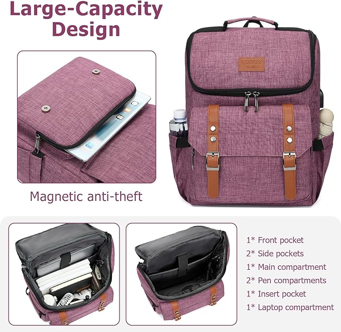 YALUNDISI Vintage Backpack Travel Laptop Backpack with usb Charging Port for Women & Men College Backpack Fits 15.6 Inch Laptop Purple Brown