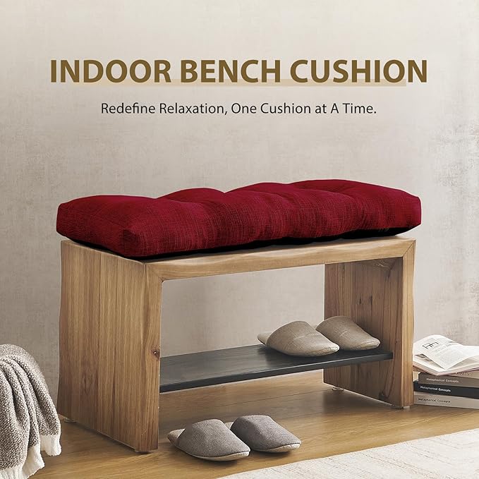 downluxe Indoor Bench Cushion for Indoor Furniture, Non-Slip Tufted Overstuffed Textured Foam Bench Seat Cushion, 2 Pack, 36" X 14" X 4", Burgundy