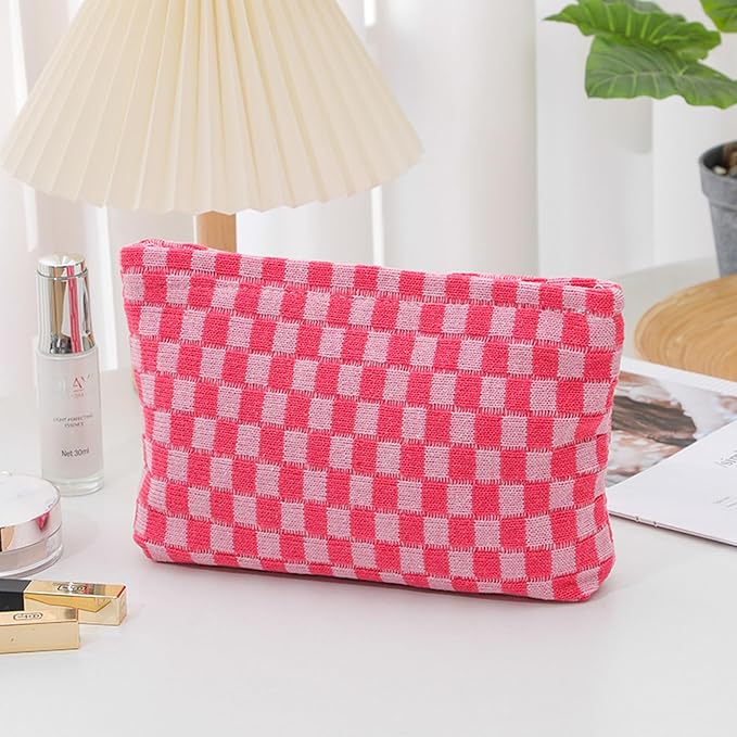 Cosmetic Bags for Women - Corduroy Cosmetic Bag Aesthetic Women Handbags Purses Smile Dots Makeup Organizer Storage Makeup Bag Girls Case Bags (Q-Checkered pink)