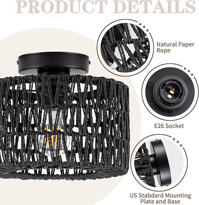 Rpzloila Rattan Ceiling Light, 1 Light Farmhouse Woven Flush Mount Ceiling Light, Boho Light Fixture for Bedroom Living Room Hallway Entryway, Black Finish