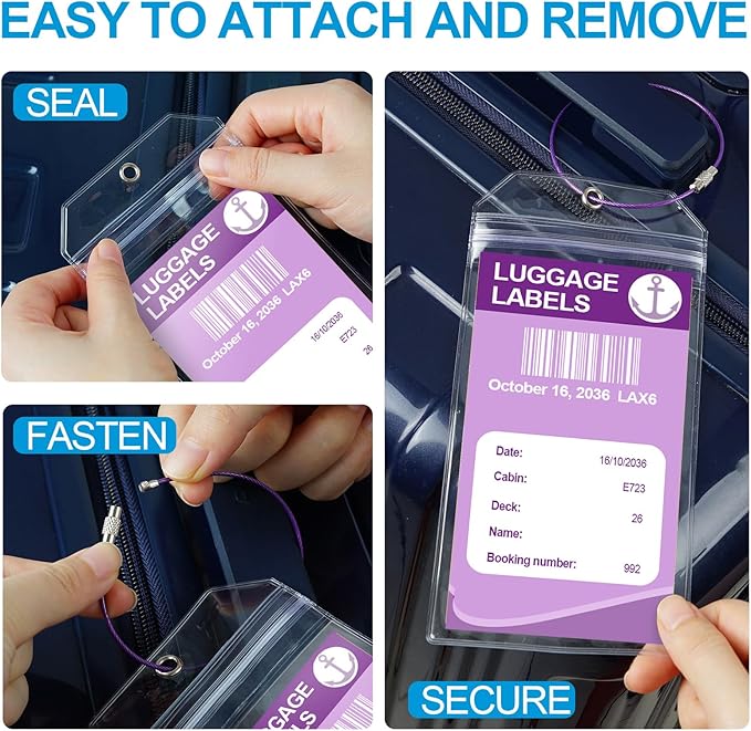 Cruise Luggage Tag Holder, 6 Pack Luggage Tags for Suitcases, Waterproof Clear PVC Perfect Fits All Cruise Lines, Reusable Travel Ship Essentials with Steel Loop