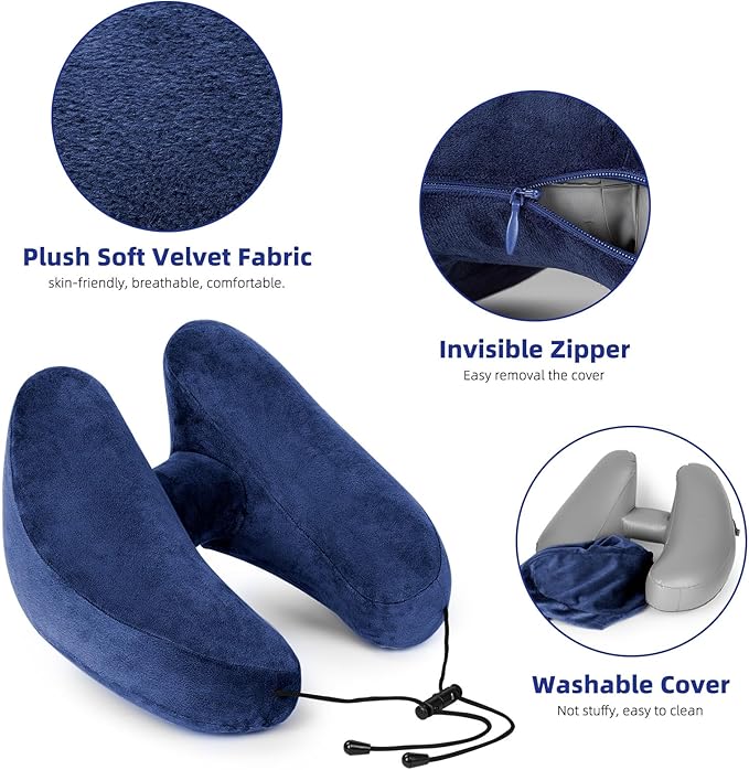 Rewondah Inflatable Travel Pillow, H-Shape Inflatable Neck Pillow for Traveling on Plane, Washable Cover Travel Pillow Airplane Pillow for Neck Support, Blow up Neck Pillows for Air Travel