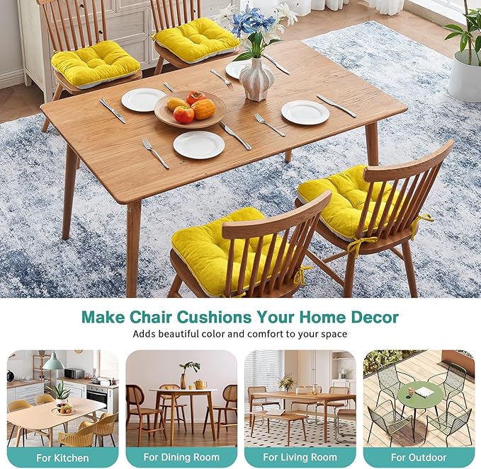 BETU Chair Cushions for Dining Chairs Set of 4,3.5" Thick Kitchen Table Chair Pads with Ties,Non Slip Backing and Covers, Seat Cushion for Dining Room,Bar,Patio Chairs,16"X16"X3.5",Gold