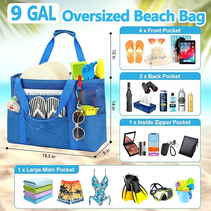 Fammart Mesh Beach Bag, Large Beach Tote with Zipper Pocket, Toys Pool Bag for Family Travel Vacation Cruise Essentials
