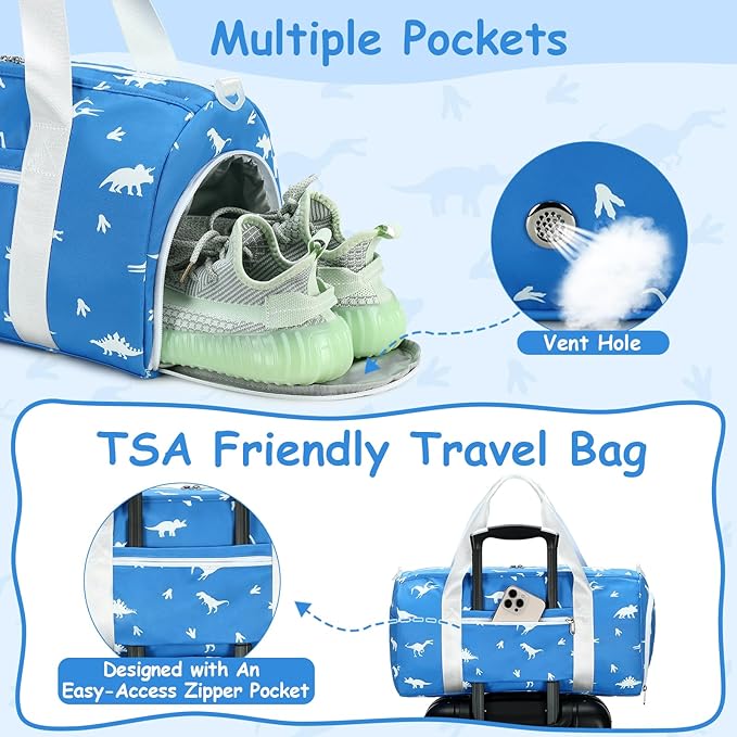 CAMTOP Kids Duffel Overnight Bag Boys Girls Toddler Weekender Carry-On Personalized Tote for Travel Gym Sport (A-Blue White Dinosaur)