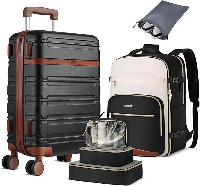 YAMTION Luggage Sets 6 Piece,Hardside 20In Suitcase with Spinner Wheels,TSA Lock,Carry On Suitcase Travel Essentials for Personal Items,Black Beige