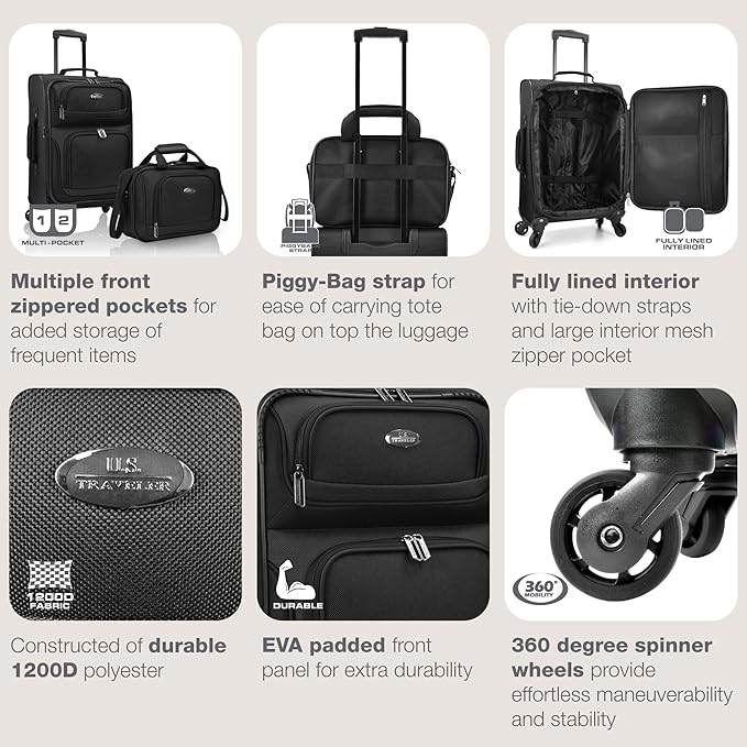 U.S. Traveler Rio Lightweight Softside Rolling Carry-on Suitcase, 4-Wheel Set, Black