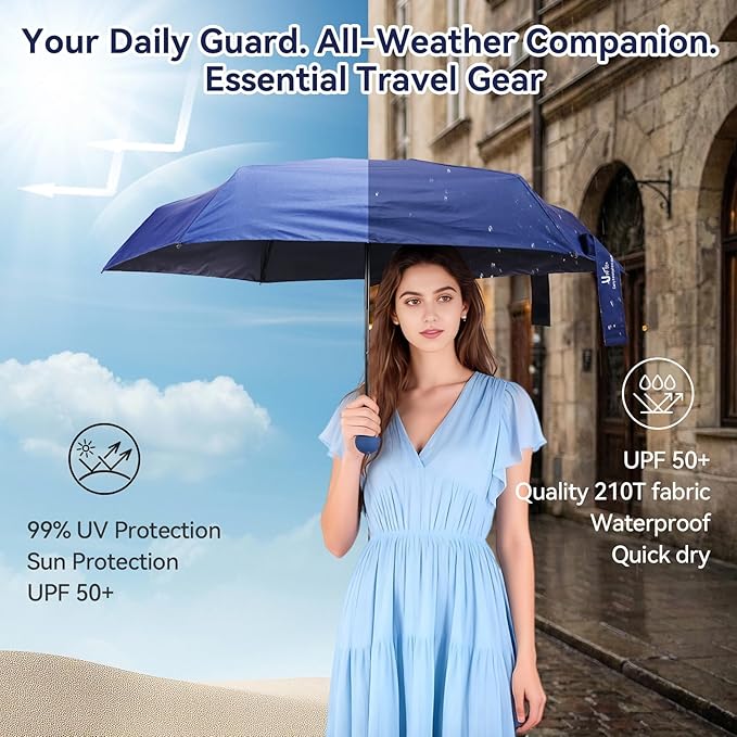 Mini Umbrella for Travel, Compact Folding Umbrella with Case, Lightweight 0.45lb Small Pocket for Backpack and Purse, Rain and Sun Protection - UPF 50+ Windproof Travel Umbrella Compact Mini for Outdoor Use