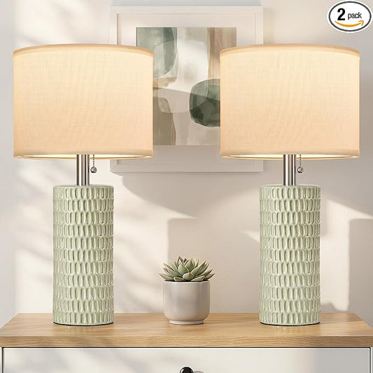 Reaketon Table Lamps for Living Room Set of 2, Ceramic Table Lamps for Bedroom, 20" Modern Lamps for Night Stands, Light Green