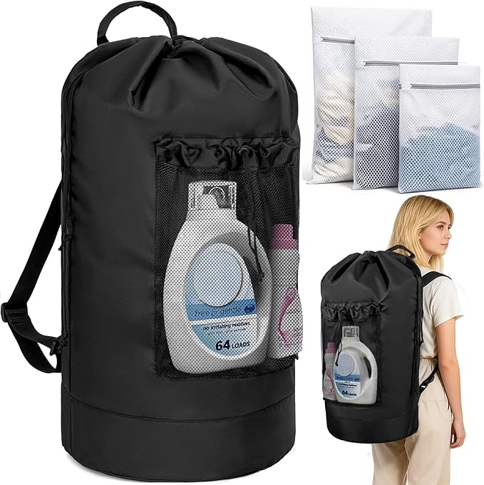 150L Laundry Bag Backpack with 3 Sizes Mesh Wash Bags and Shoulder Straps Foldable Clothes Hamper Bag with Drawstring Closure for College, Apartment, Laundromat (Black)