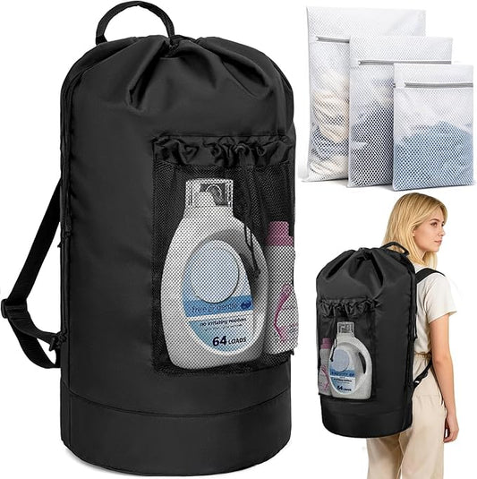 150L Laundry Bag Backpack with 3 Sizes Mesh Wash Bags and Shoulder Straps Foldable Clothes Hamper Bag with Drawstring Closure for College, Apartment, Laundromat (Black)
