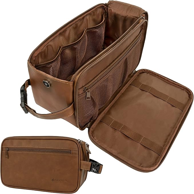 PAVILIA Toiletry Bag for Men, Travel Essentials Shaving Dopp Kit, Mens Travel Bag Toiletries Organizer Case for Grooming, PU Leather Water Resistant Cosmetic Bag Pouch (XL, Brown)
