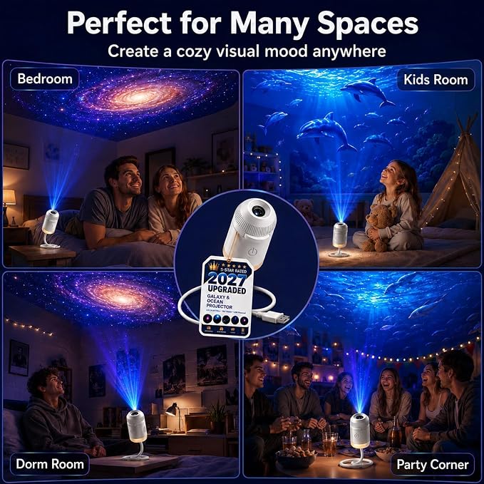 2027 Upgraded Hd Smart Dynamic 5d Holographic Night Light Projector, Plug and Play Hd Star Projector, 360° Adjustable Hd Galaxy and Ocean Projector for Bedroom Ceiling (12 Projection Films)