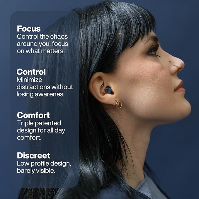 EARPEACE Everyday Noise Control & Noise Reduction Ear Plugs - High-Fidelity Earplugs, Comfortable & Reusable Earplugs for Travel, Sleep, Work, Snoring Blocking, Includes Carrying Case - Navy