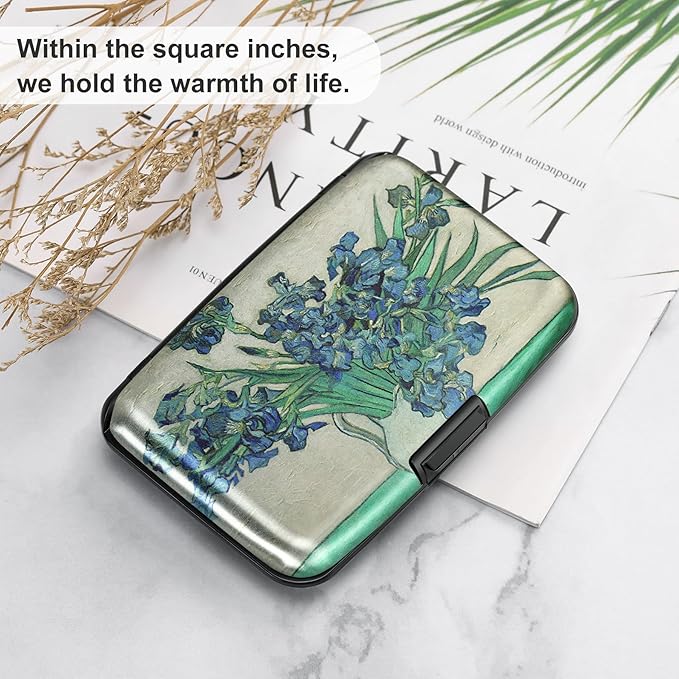 ELFISH Mini RFID Aluminum Wallet Credit Cards Holder Business Card Case Metal ID Case for Men Women(Iris Flower 2#)