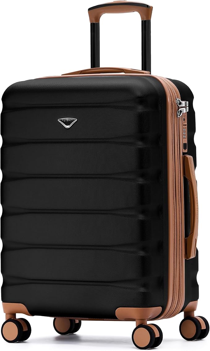 Flight Knight 24x16x10 Expandable Carry On Suitcase Hardside TSA Lock USB C Lightweight Luggage Silent Double Spinner Wheels Maximum Overhead Carry-On Bag For Virgin South West Approved Black/Tan