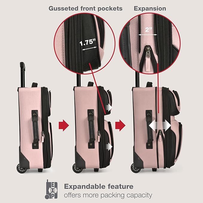 U.S. Traveler Rio Lightweight Softside Rolling Carry-on Suitcase, 2-Wheel Single, Pink