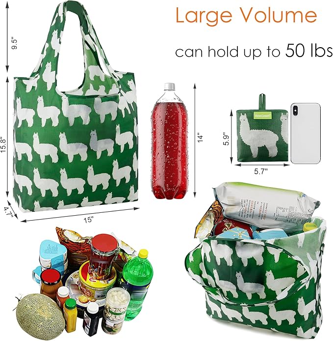 BeeGreen Animal Reusable Shopping Bags Cute Grocery Bag 6 Pack, Christmas Gift Bags Heavy-Duty Foldable Shopping Totes for Supermarket, Work & Travel, Large Washable Polyester Tote Bag with Handles