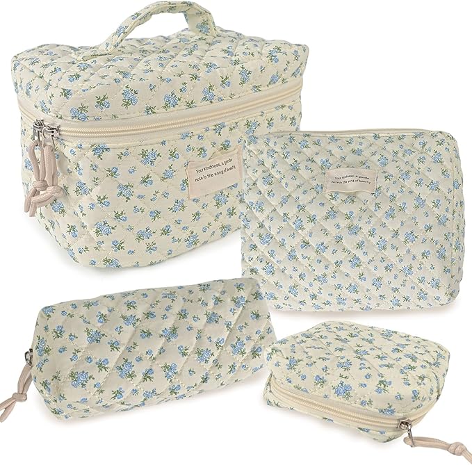 Cute Makeup Bag for Women(2 Pcs), Travel Cosmetic Bags, Quilted Coquette Aesthetic Floral Toiletry Organizer Bag (47 - BlueMuDan)