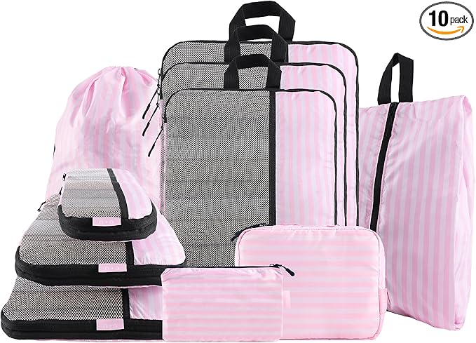 U+U 10 Set Compression Packing Cubes - Ultralight Pink Stripe Travel Organizers with Laundry Bag, Space-Saving Suitcase Organizer, Expandable Packing Cubes for Travel and Family Vacation (Pink Stripe)