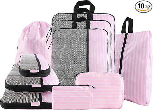 U+U 10 Set Compression Packing Cubes - Ultralight Pink Stripe Travel Organizers with Laundry Bag, Space-Saving Suitcase Organizer, Expandable Packing Cubes for Travel and Family Vacation (Pink Stripe)