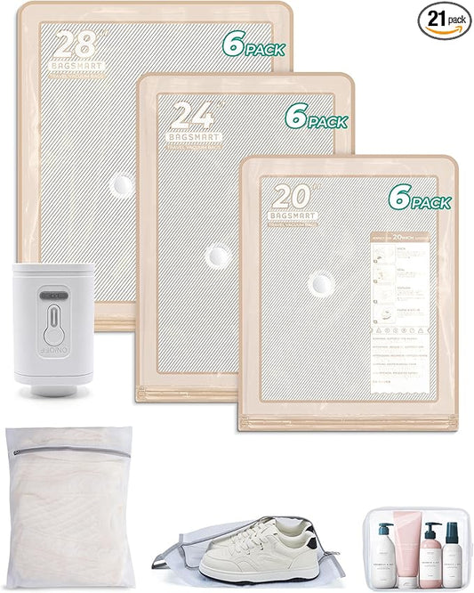 BAGSMART Vacuum Storage Bags with Portable Pump, Travel Space Saver Bags for Clothes, Heavy Duty Compression Bags for Storage, Vacuum Seal Bags with Hand Pump, Travel Essentials for Packing-Khaki