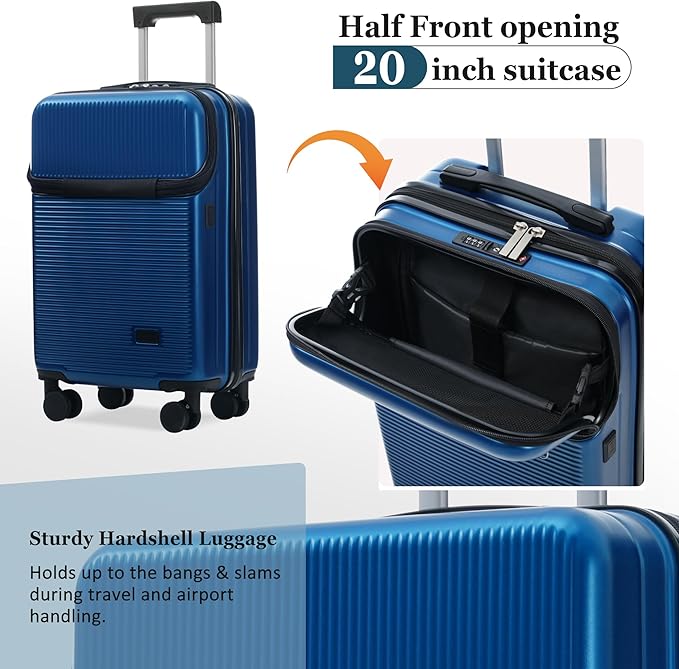 Merax Luggage Sets 5 Piece,Front Half-open Hardshell Expandable Suitcase with Spinner Wheels and Duffel Bags,Lightweight Carry on Luggage with USB Port,20/24/28IN,Blue