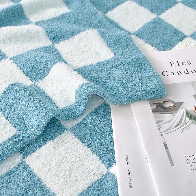 Checkered Throw Blanket, Light Blue Soft Cozy Fluffy Knitted Throw Blankets for Couch, Sofa, Bed, Chair, Warm Fuzzy Travel Picnic Lightweight Plaid Blanket, 50x70 inches