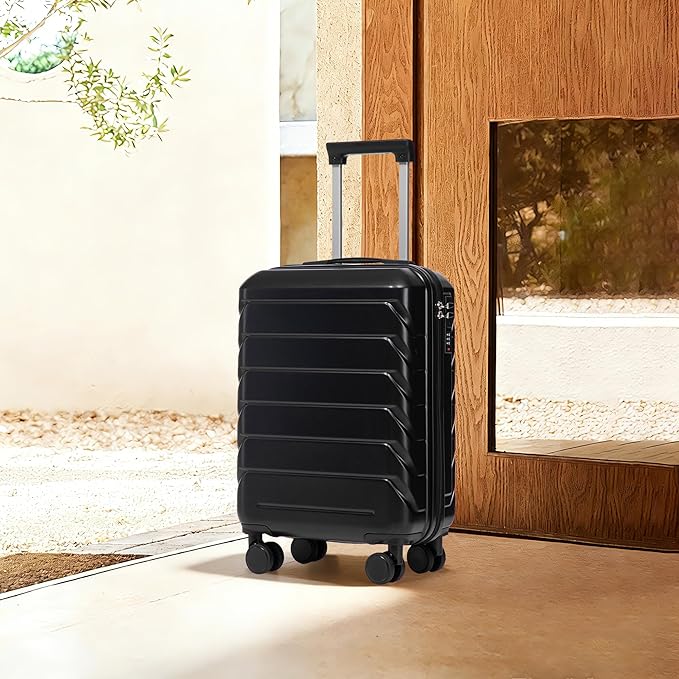 20 Inch Carry On Luggage, Lightweight ABS Hard Shell Suitcase with Spinner Wheels, Durable Travel Luggage with Combination Lock & Side Hooks for Men Women, Black
