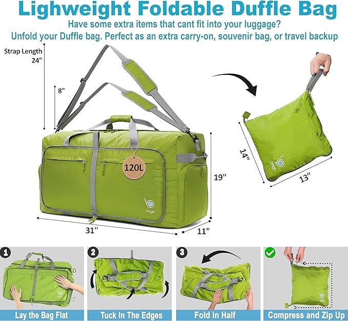Bago Extra Large Duffle Bag for Travel Women & Men. Durable, Lightweight, Foldable Travel Duffel Bags For Traveling Women. 120L Duffle Bags Use As a Weekender Bag with Shoe Compartment, Checked Duffel