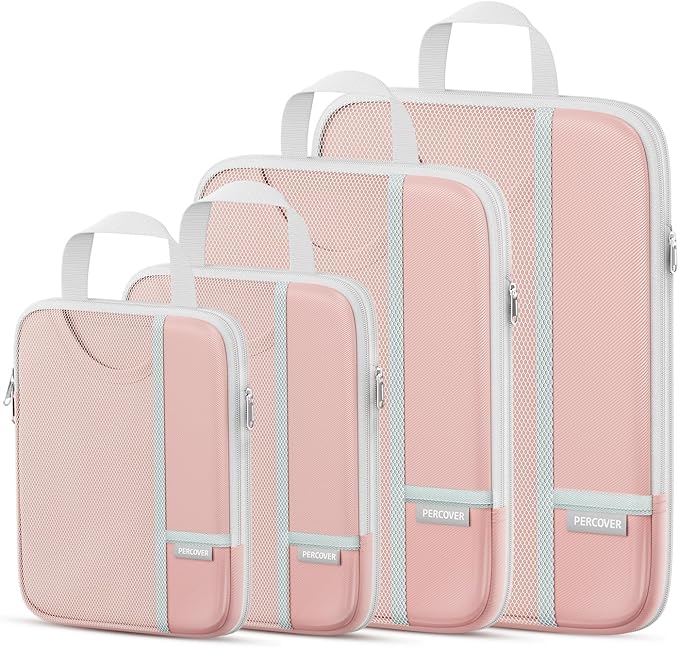 Percover Compression Packing Cubes 4-Piece Set, Packing Cubes Compression for Travel with Label Pockets, Travel Organizer for Carry On & Checked Luggage, Pink