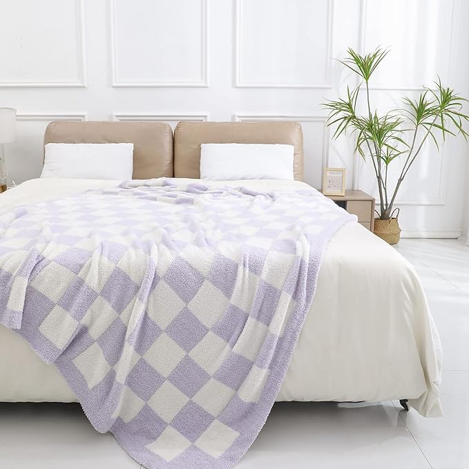 bearberry Fuzzy Checkerboard Grid Throw Blanket Soft Cozy Warm Microfiber Bed Blanket Decor for Couch Sofa Bed Travel Home (Purple, 60''x80'')