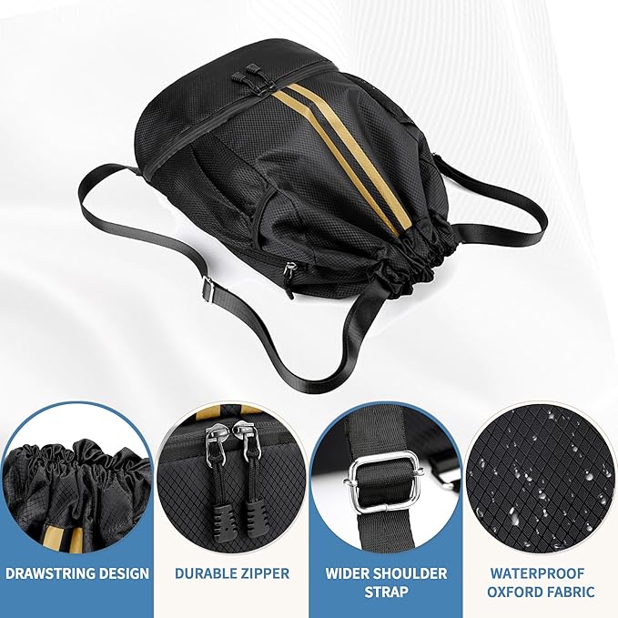 Drawstring Backpack Gym Bag with Shoes Compartment for Soccer, Basketball, Swim, Water-Resistant String Backpack Beach Cinch for Women Men, Black Gold
