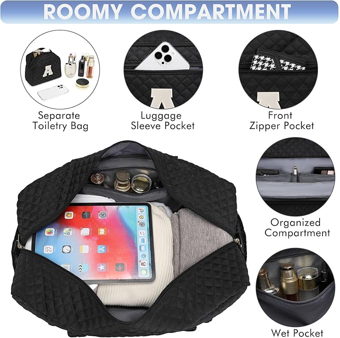 Initial Travel Duffle Bag for Women - Black Personalized Weekender bags Overnight Bag with Shoe Compartment & Wet Pocket Weekend Tote Bags with Toiletry Bag Monogram Christmas Gifts (Letter A)