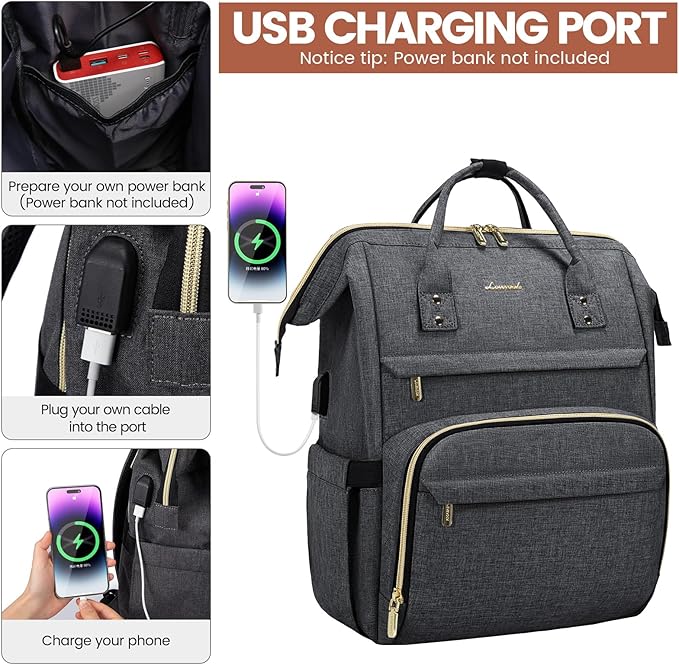 LOVEVOOK Laptop Backpack for Women,18 Inch Professional Womens Travel Backpack Purse Computer Laptop Bag Nurse Teacher Backpack,Waterproof College Work Bags Carry on Back Pack with USB Port,Dark Grey