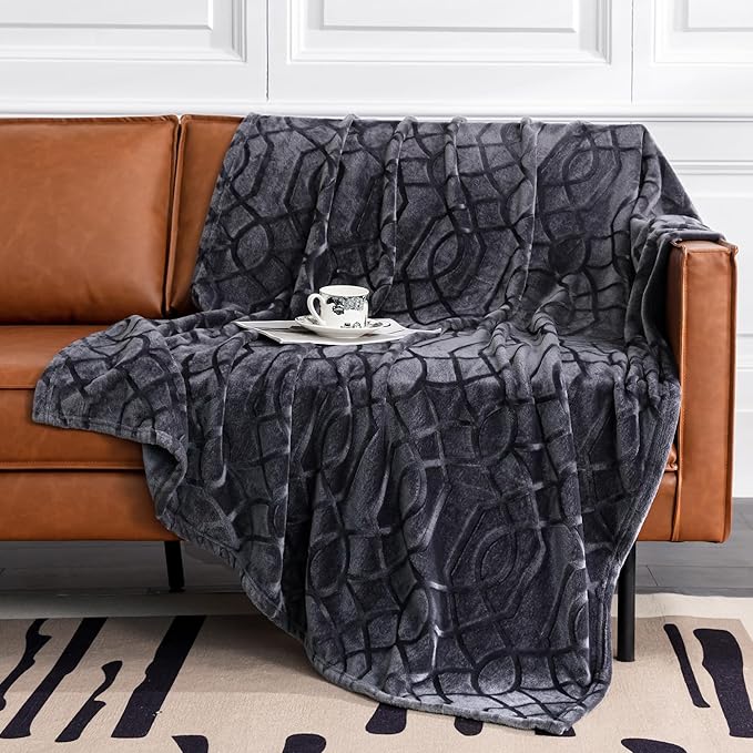 Soft Cozy Fleece Throw Blanket, 50x60 Inches – Lightweight Plush Blanket for Couch, Fuzzy 3D Jacquard Design, for Sofa, Bed & Travel - Dark Grey