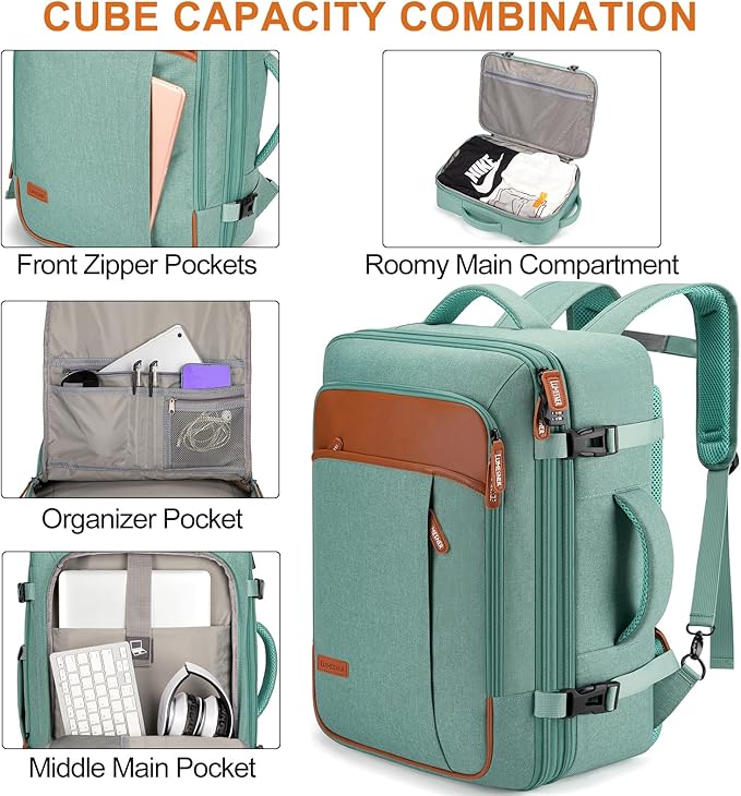 Lumesner Carry on Travel Backpacks, Extra Large 40L Flight Approved Bag for Men & Women,Expandable Suitcase Backpack With 4 Packing Cubes,Water Resistant Luggage Daypack Business Weekender Bag, Green