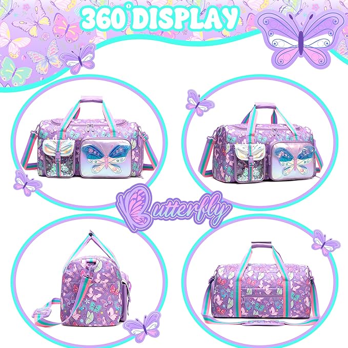 Butterfly Kids Duffle Bag Girls Travel Bag Overnight Dance Sleepover Bags for Girls Gymnastics Sports Bags for Kids with Shoe Compartment