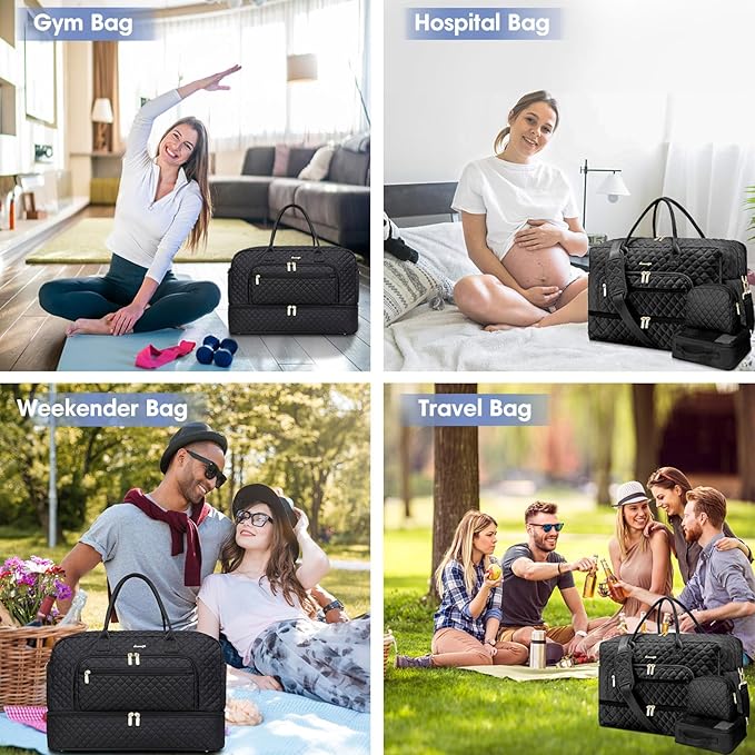 Large Women's Travel Duffel, Weekender with Shoe Compartment, Carry On Overnight Bag, Gym Duffel with Wet Pocket, Hospital Bags Set