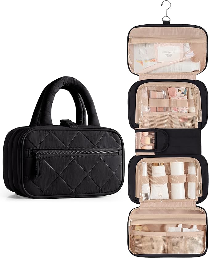 Travel Toiletry Bag for Women with Hanging Hook, Puffy Makeup Organizer with Brushes Slots for Bathroom, Shower and Beauty Essentials, Black