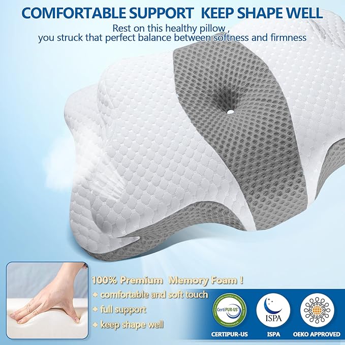 Memory Foam Pillows, Cervical Pillow for Neck and Shoulder Pain Relief, Ergonomic Contour Bed Pillow, Soft for Side Sleep Stomach Sleeping and Back Sleeper-Queen Size&Grey