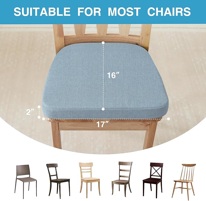 Chair Cushions for Dining Chairs Set of 4, Non Slip Kitchen Chair Pads, 17" x 16" x 2", Indoor Dining Chair Cushions with Ties, D-Shaped Seat Cushions for Kitchen Chairs, Light Blue