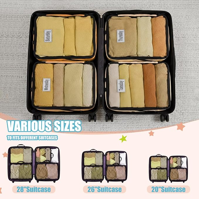 7 Pcs Packing Cubes for Travel Large Days of Week Compression Packing Cube with Labels Luggage Organizers Storage Bag(Multicolor)