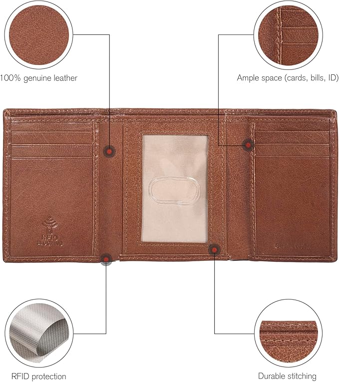 Real Leather Mens Trifold Wallet RFID Blocking Slim Minimalist Front Pocket - Thin & Stylish with ID Window in Gift Box