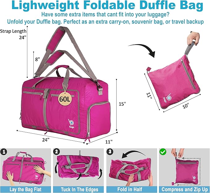 Bago Medium Duffle Bag for Travel Women & Men. Durable Lightweight Foldable Travel Duffel Bags For Traveling Women. 60L Duffle Bags For Overnight Bag With Shoe Compartment Collapsible Weekender duffel