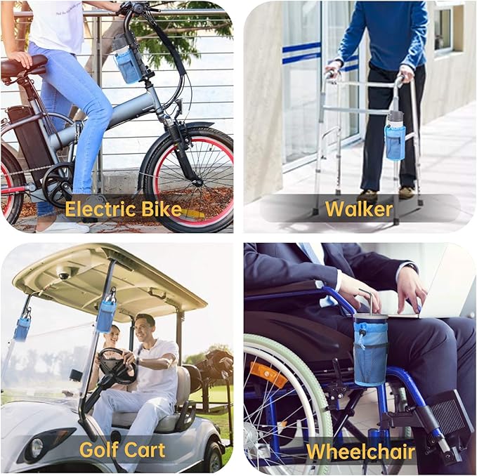 GEARV 2Pack Cup Holder for Bike, Scooter and Wheelchair, Water Bottle Holder for UTV/ATV, Walker, Golf Cart and Beach, Universal Drink Holder Accessories with Net Pocket and Cord Lock (Ocean Blue)