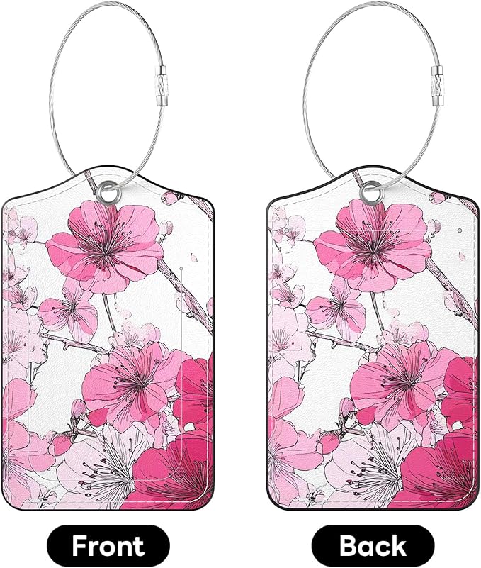 2 Pack PU Leather Luggage Tags for Suitcases, Privacy Protection Cover with Stainless Steel Loop and Address Card, Travel Cruise Essentials (Pink Flower)